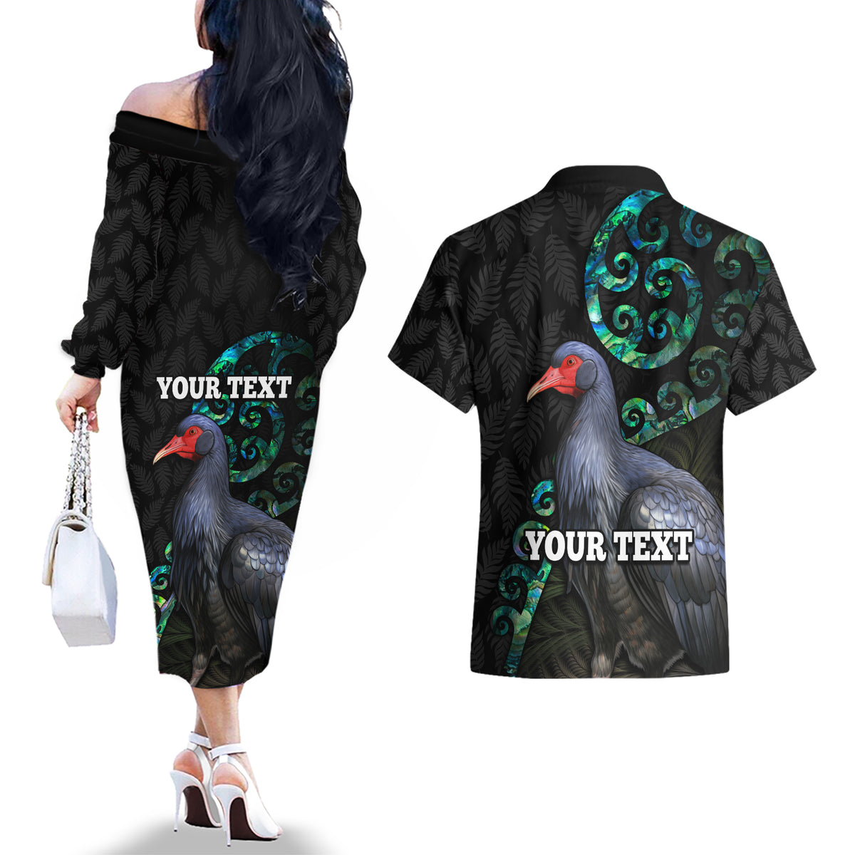 Custom Pukeko New Zealand Couples Matching Off The Shoulder Long Sleeve Dress and Hawaiian Shirt Koru Papua Shell with Silver Fern Pattern LT03 - Polynesian Pride