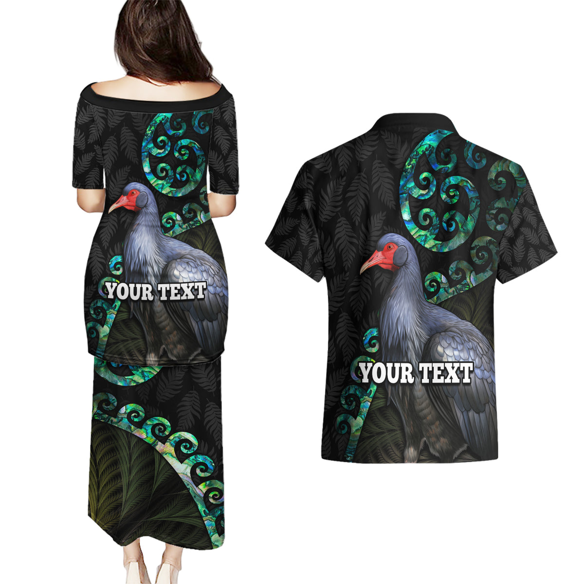 Custom Pukeko New Zealand Couples Matching Puletasi Dress and Hawaiian Shirt Koru Papua Shell with Silver Fern Pattern LT03 - Polynesian Pride