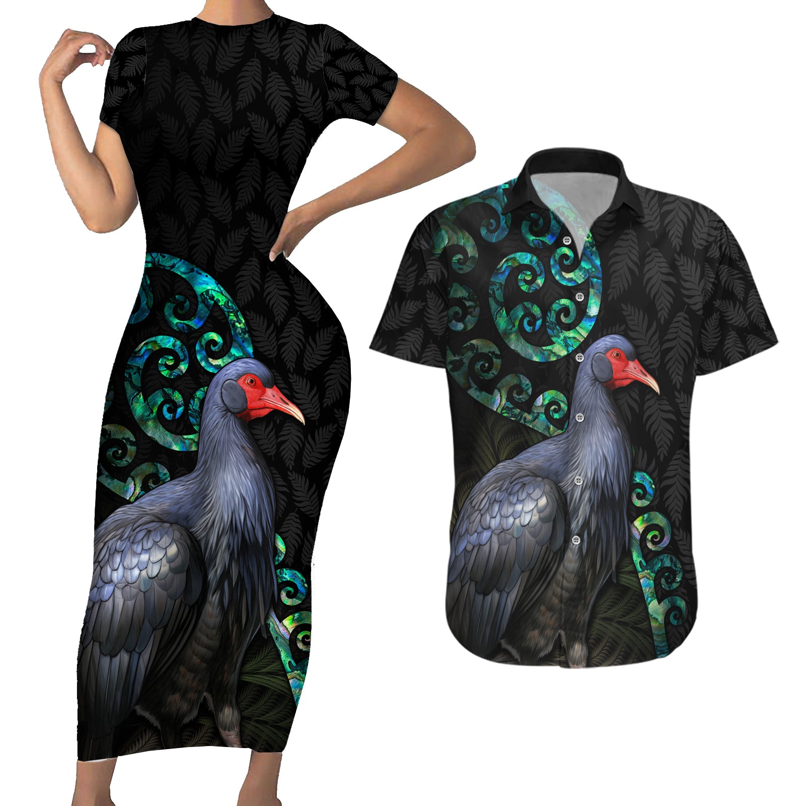 Custom Pukeko New Zealand Couples Matching Short Sleeve Bodycon Dress and Hawaiian Shirt Koru Papua Shell with Silver Fern Pattern LT03 Black - Polynesian Pride