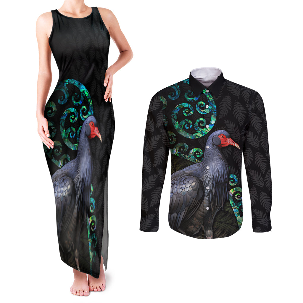 Custom Pukeko New Zealand Couples Matching Tank Maxi Dress and Long Sleeve Button Shirt Koru Papua Shell with Silver Fern Pattern LT03 Black - Polynesian Pride