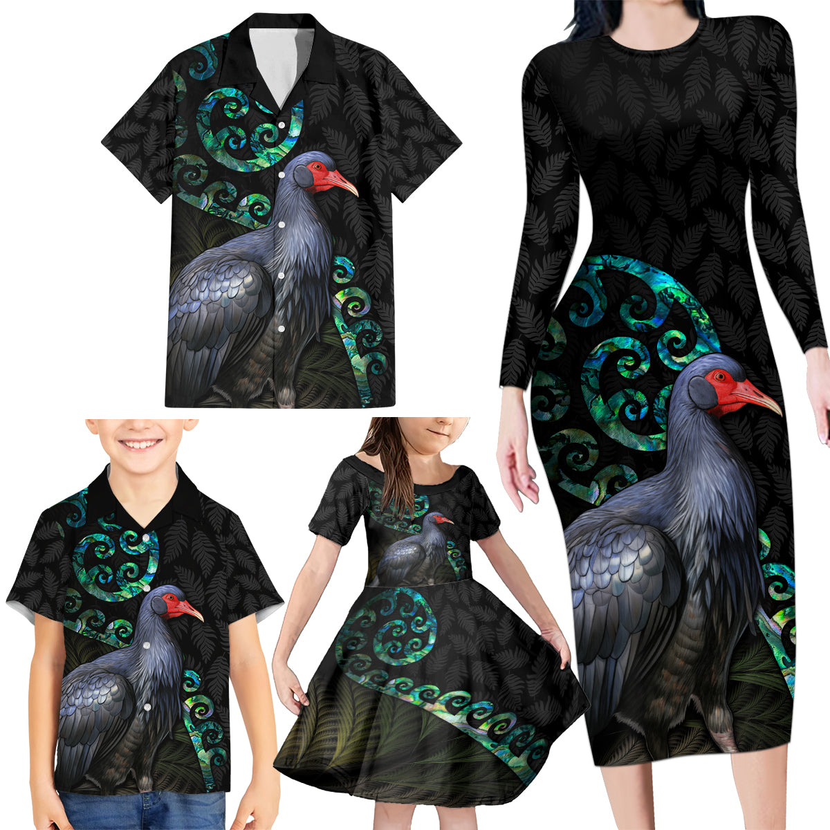 Custom Pukeko New Zealand Family Matching Long Sleeve Bodycon Dress and Hawaiian Shirt Koru Papua Shell with Silver Fern Pattern LT03 - Polynesian Pride