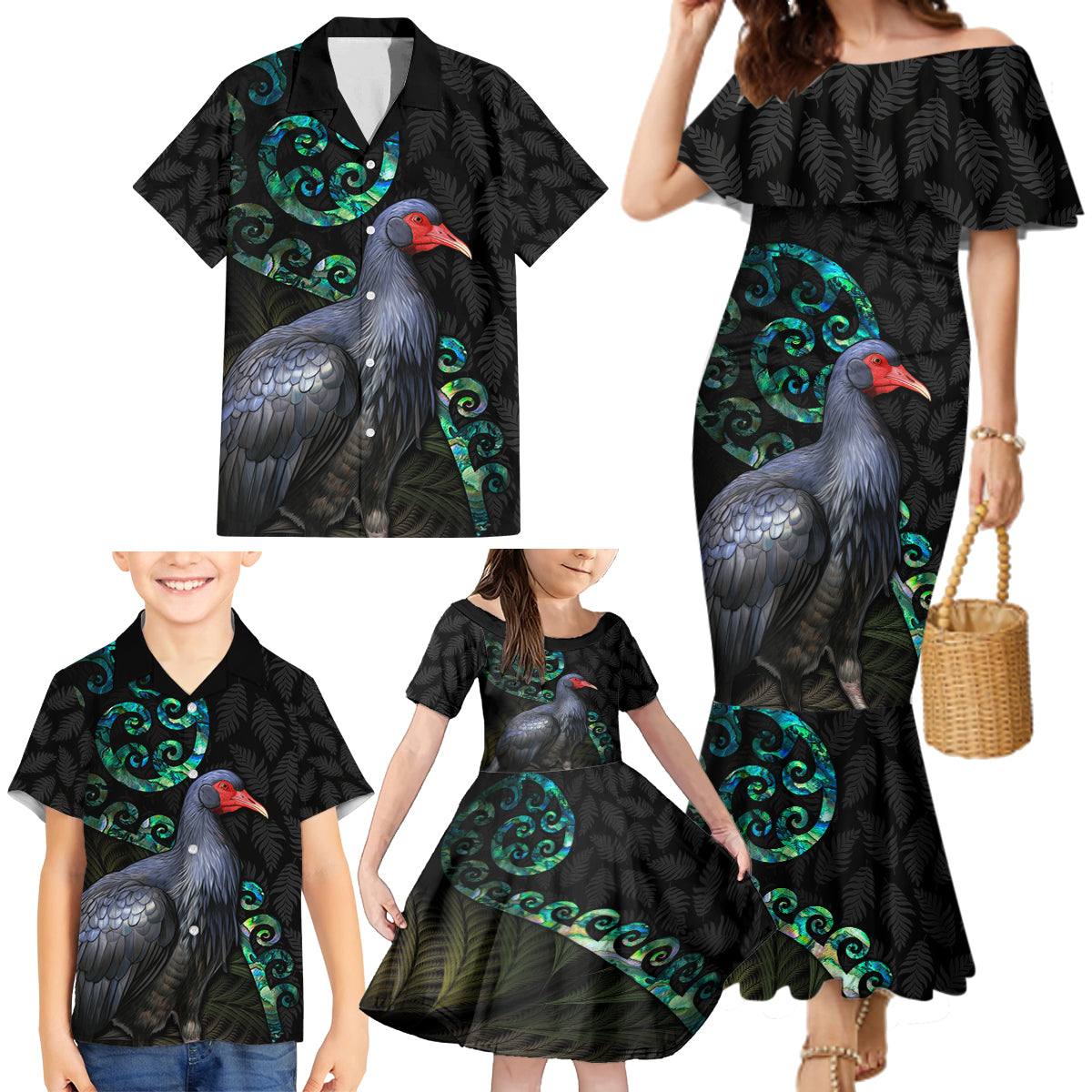 Custom Pukeko New Zealand Family Matching Mermaid Dress and Hawaiian Shirt Koru Papua Shell with Silver Fern Pattern LT03 - Polynesian Pride