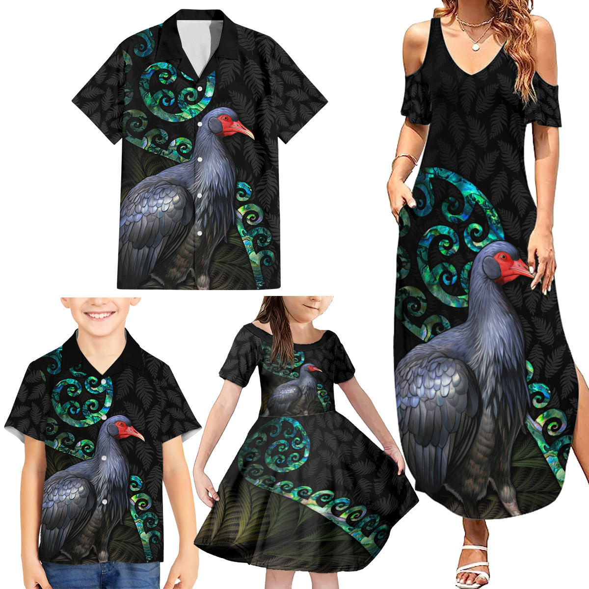 Custom Pukeko New Zealand Family Matching Summer Maxi Dress and Hawaiian Shirt Koru Papua Shell with Silver Fern Pattern LT03 - Polynesian Pride