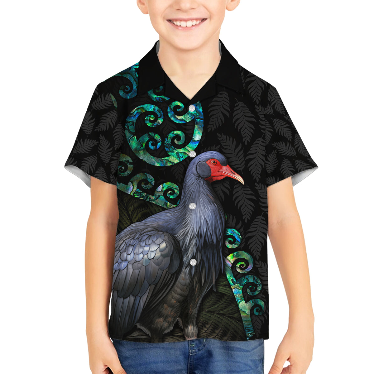 Custom Pukeko New Zealand Family Matching Tank Maxi Dress and Hawaiian Shirt Koru Papua Shell with Silver Fern Pattern LT03 Son's Shirt Black - Polynesian Pride