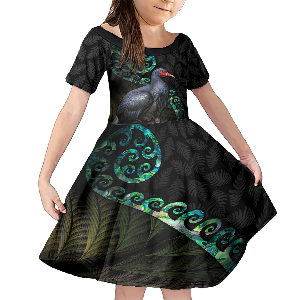 Custom Pukeko New Zealand Kid Short Sleeve Dress Koru Papua Shell with Silver Fern Pattern LT03 KID Black - Polynesian Pride