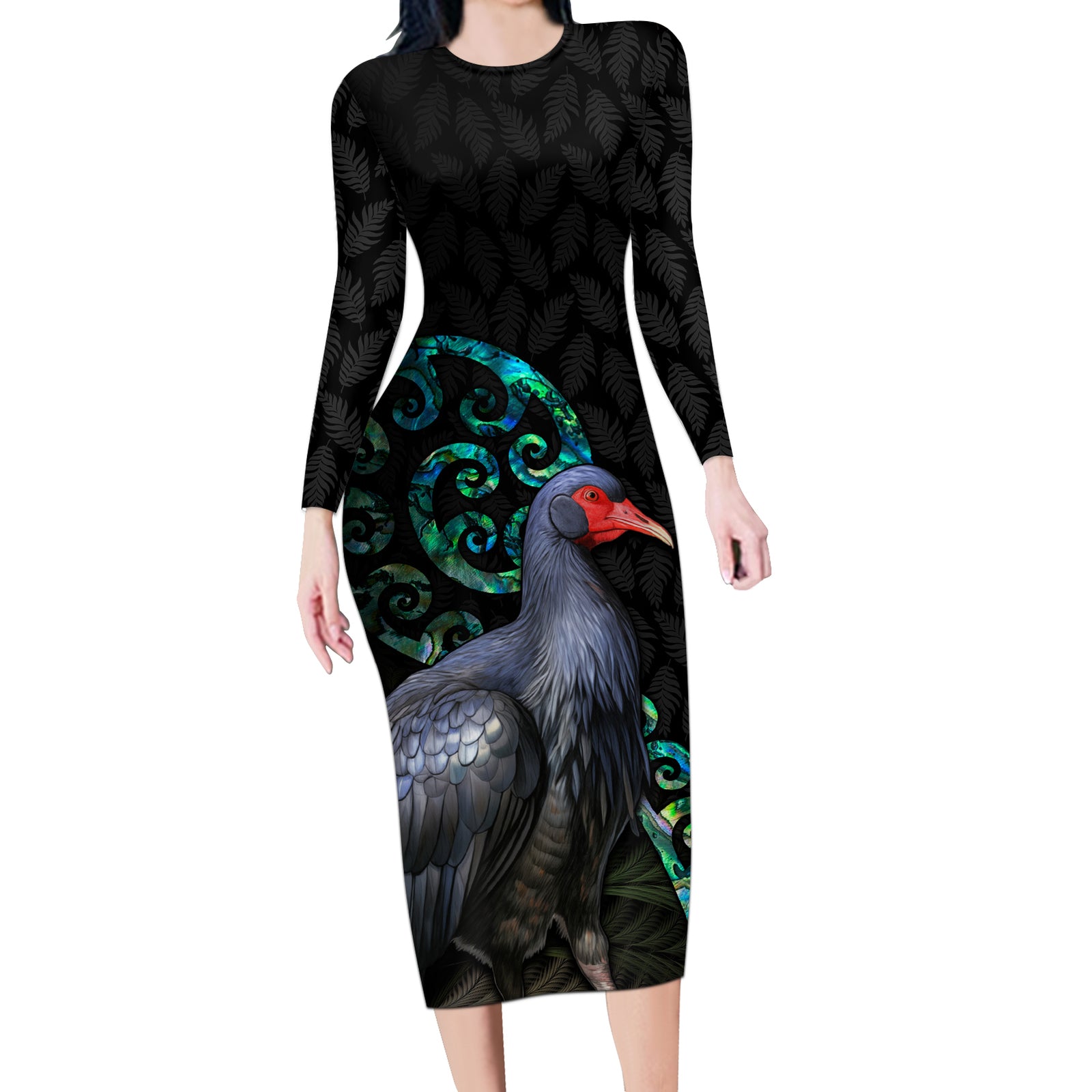 Custom Pukeko New Zealand Long Sleeve Bodycon Dress Koru Papua Shell with Silver Fern Pattern LT03 Long Dress Black - Polynesian Pride