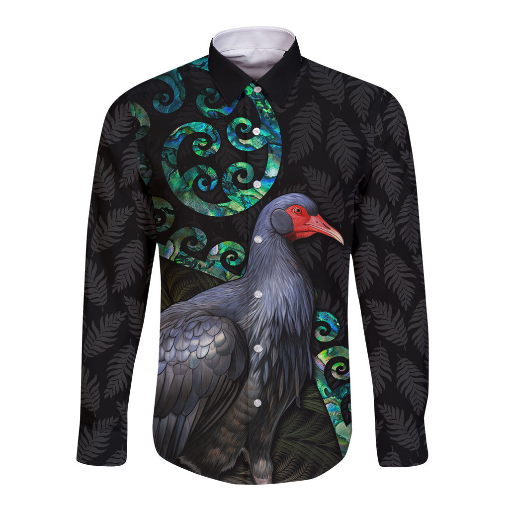 Custom Pukeko New Zealand Long Sleeve Button Shirt Koru Papua Shell with Silver Fern Pattern LT03 Unisex Black - Polynesian Pride