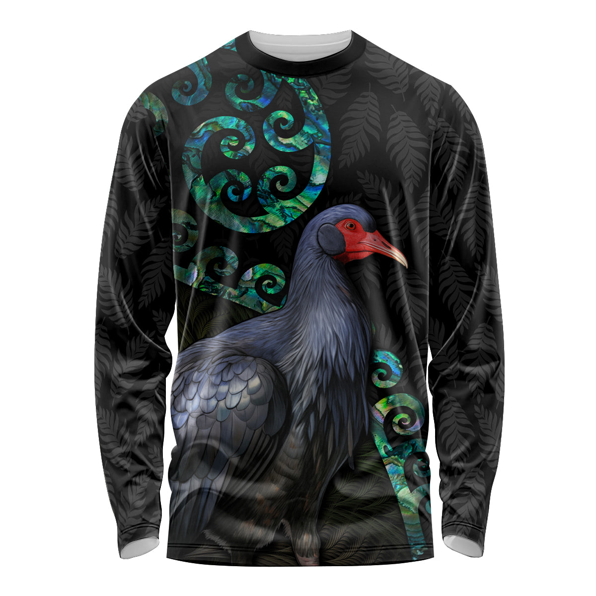 Custom Pukeko New Zealand Long Sleeve Shirt Koru Papua Shell with Silver Fern Pattern LT03 Unisex Black - Polynesian Pride