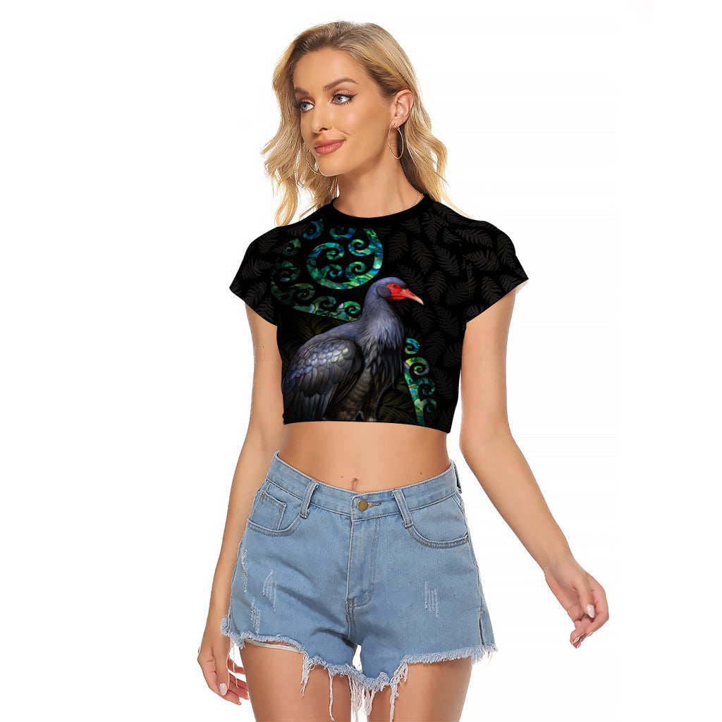 Custom Pukeko New Zealand Raglan Cropped T Shirt Koru Papua Shell with Silver Fern Pattern LT03 Female Black - Polynesian Pride