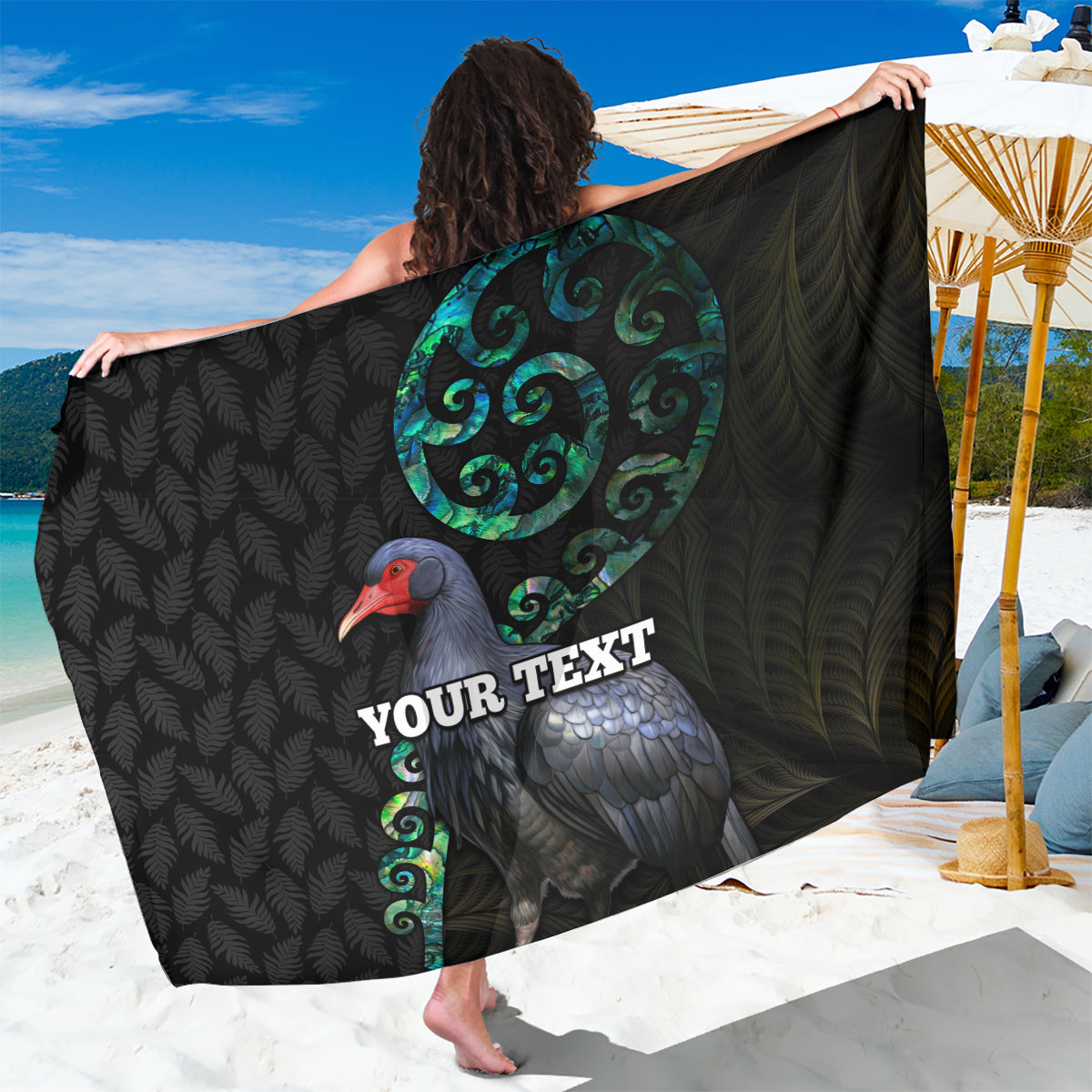 Custom Pukeko New Zealand Sarong Koru Papua Shell with Silver Fern Pattern LT03 One Size 44 x 66 inches Black - Polynesian Pride