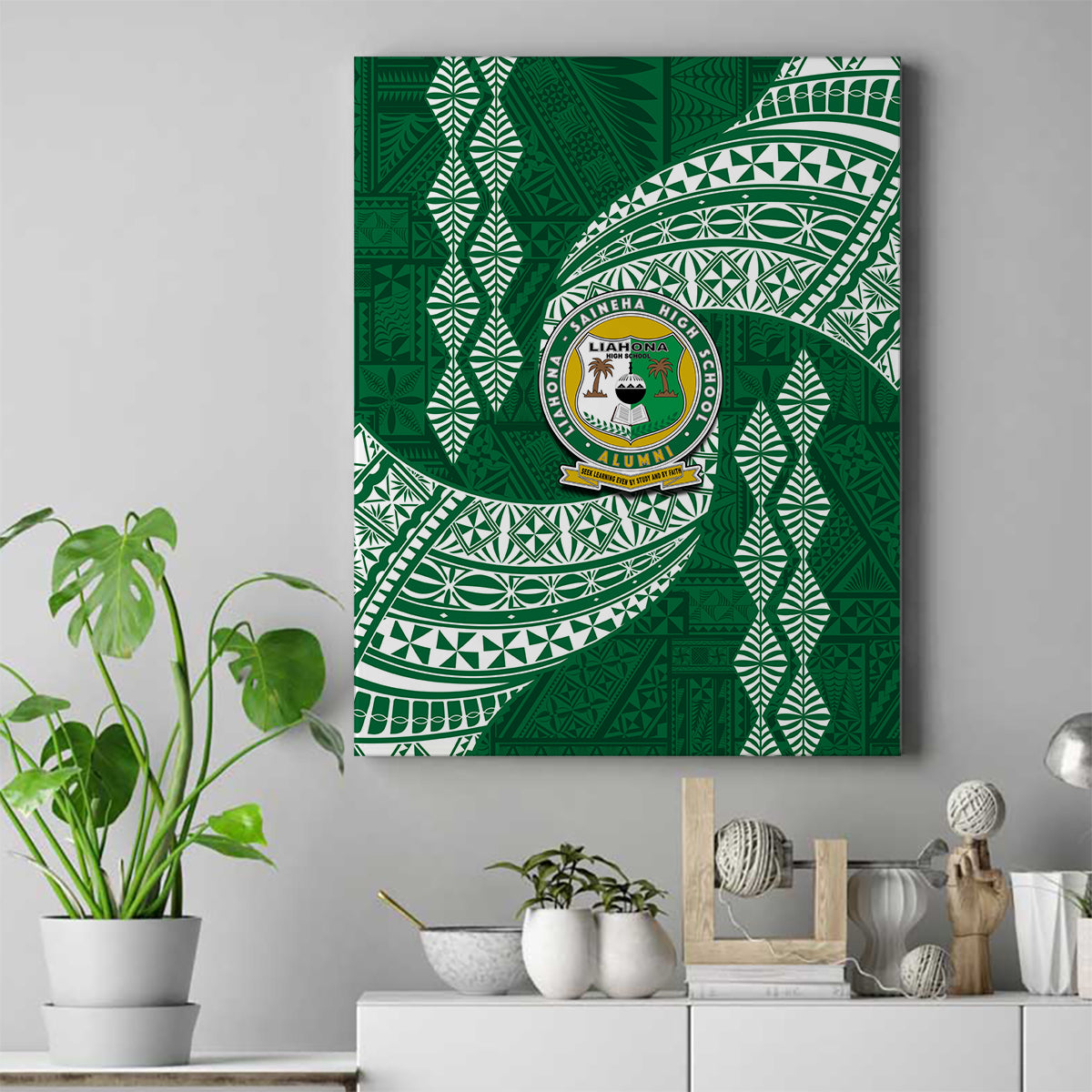 Tonga Lahaina High School Canvas Wall Art Traditional Ngatu and Polynesian Pattern LT03 Green - Polynesian Pride