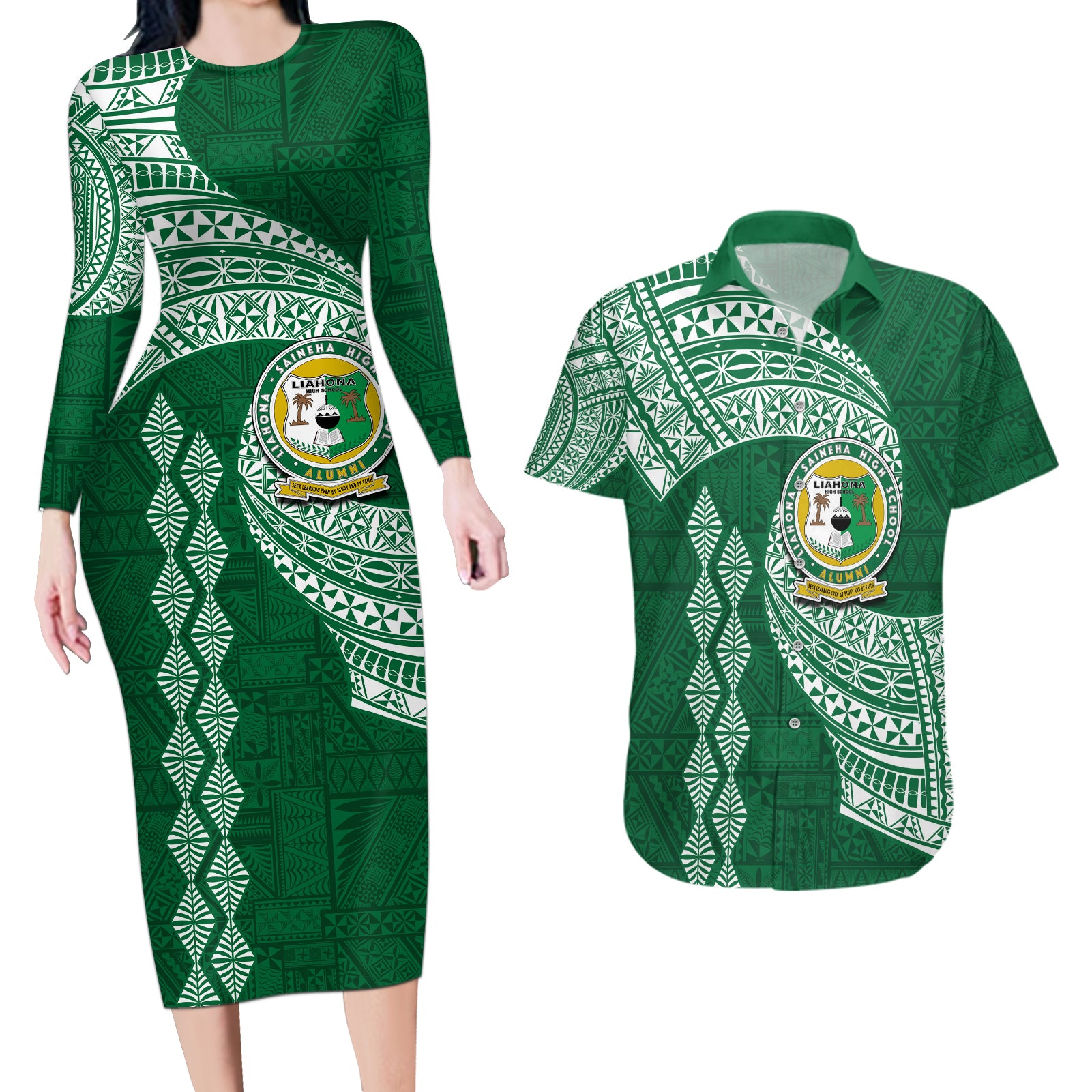 Tonga Lahaina High School Couples Matching Long Sleeve Bodycon Dress and Hawaiian Shirt Traditional Ngatu and Polynesian Pattern LT03 Green - Polynesian Pride