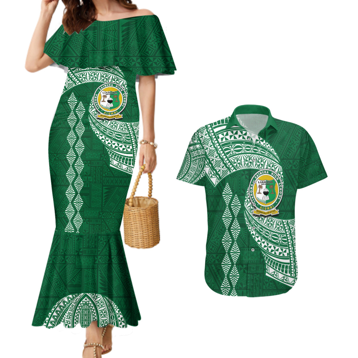 Tonga Lahaina High School Couples Matching Mermaid Dress and Hawaiian Shirt Traditional Ngatu and Polynesian Pattern LT03 Green - Polynesian Pride