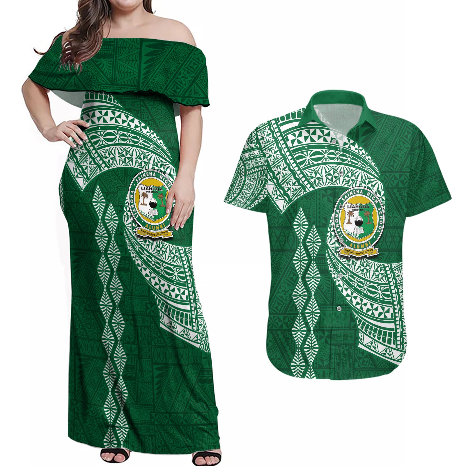 Tonga Lahaina High School Couples Matching Off Shoulder Maxi Dress and Hawaiian Shirt Traditional Ngatu and Polynesian Pattern LT03 Green - Polynesian Pride