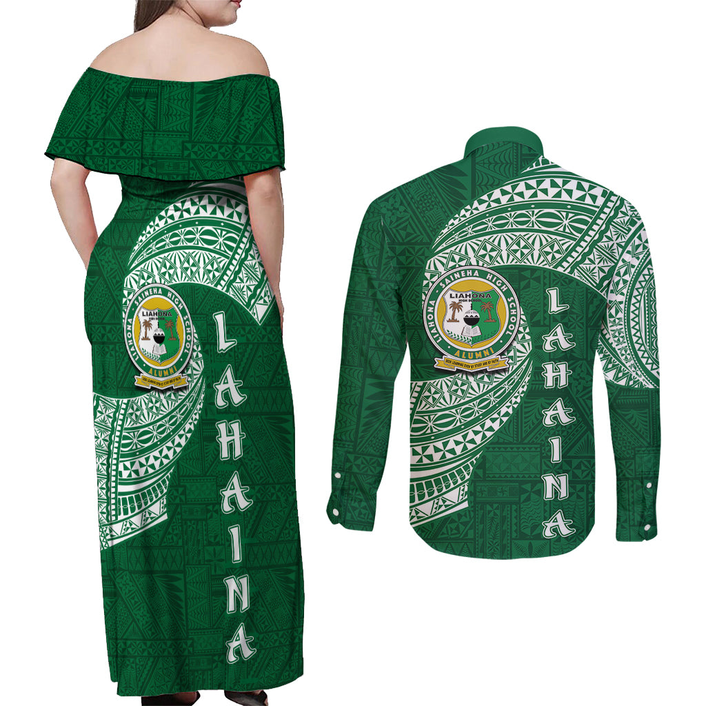Tonga Lahaina High School Couples Matching Off Shoulder Maxi Dress and Long Sleeve Button Shirt Traditional Ngatu and Polynesian Pattern LT03 - Polynesian Pride