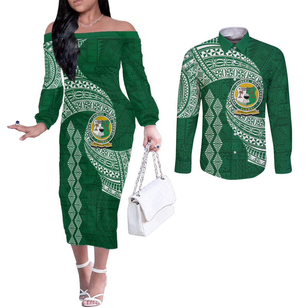 Tonga Lahaina High School Couples Matching Off The Shoulder Long Sleeve Dress and Long Sleeve Button Shirt Traditional Ngatu and Polynesian Pattern LT03 Green - Polynesian Pride