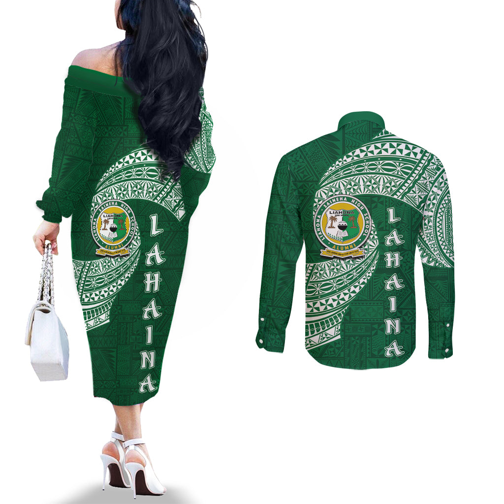 Tonga Lahaina High School Couples Matching Off The Shoulder Long Sleeve Dress and Long Sleeve Button Shirt Traditional Ngatu and Polynesian Pattern LT03 - Polynesian Pride