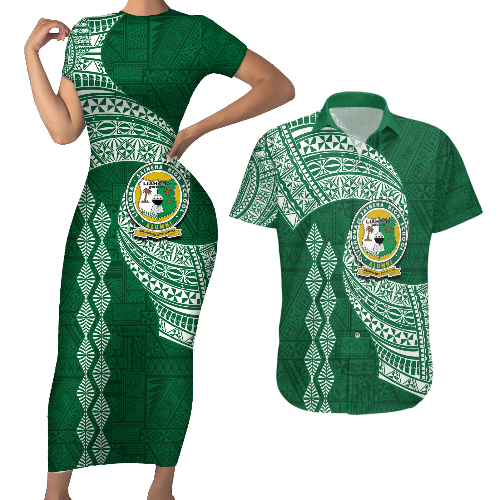 Tonga Lahaina High School Couples Matching Short Sleeve Bodycon Dress and Hawaiian Shirt Traditional Ngatu and Polynesian Pattern LT03 Green - Polynesian Pride