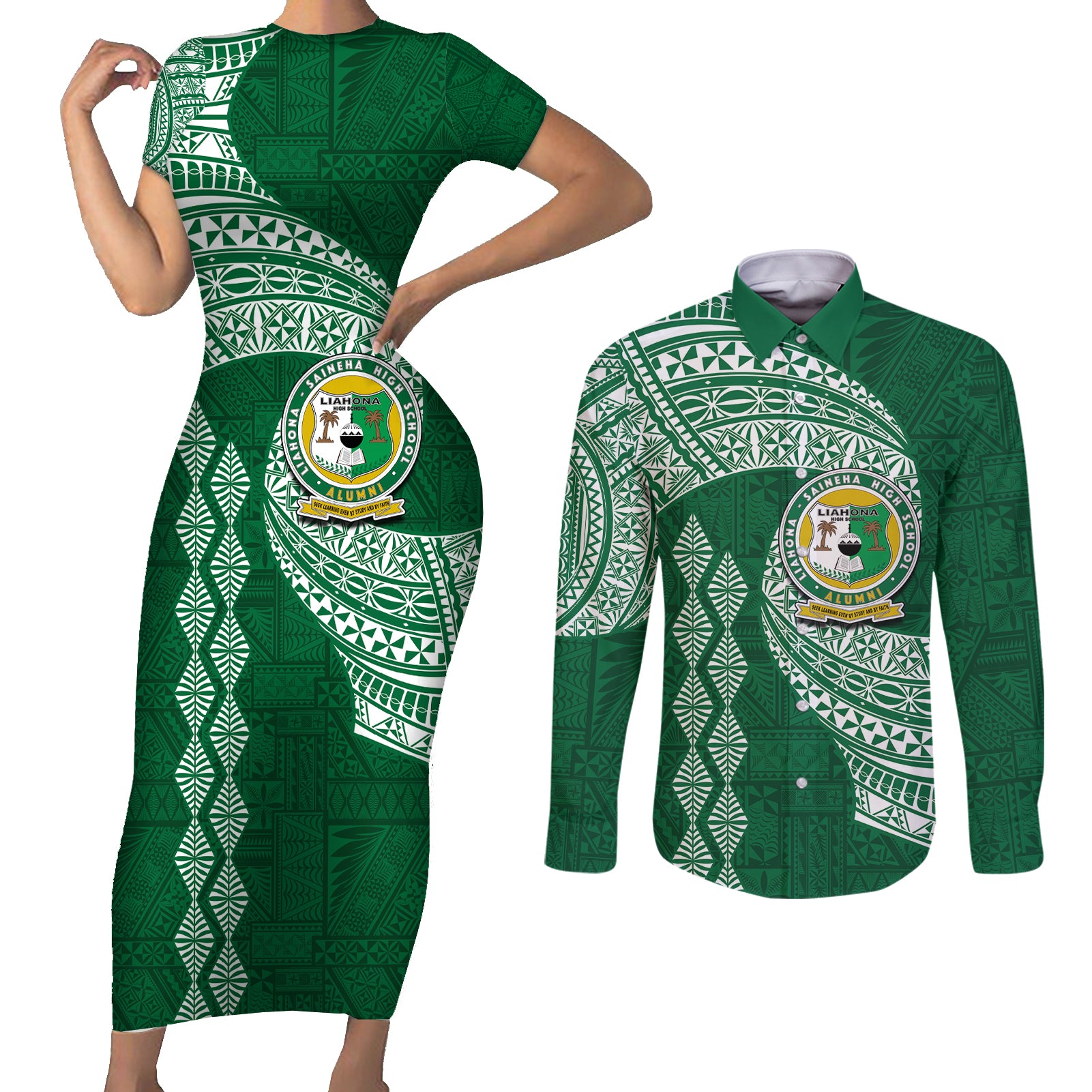 Tonga Lahaina High School Couples Matching Short Sleeve Bodycon Dress and Long Sleeve Button Shirt Traditional Ngatu and Polynesian Pattern LT03 Green - Polynesian Pride