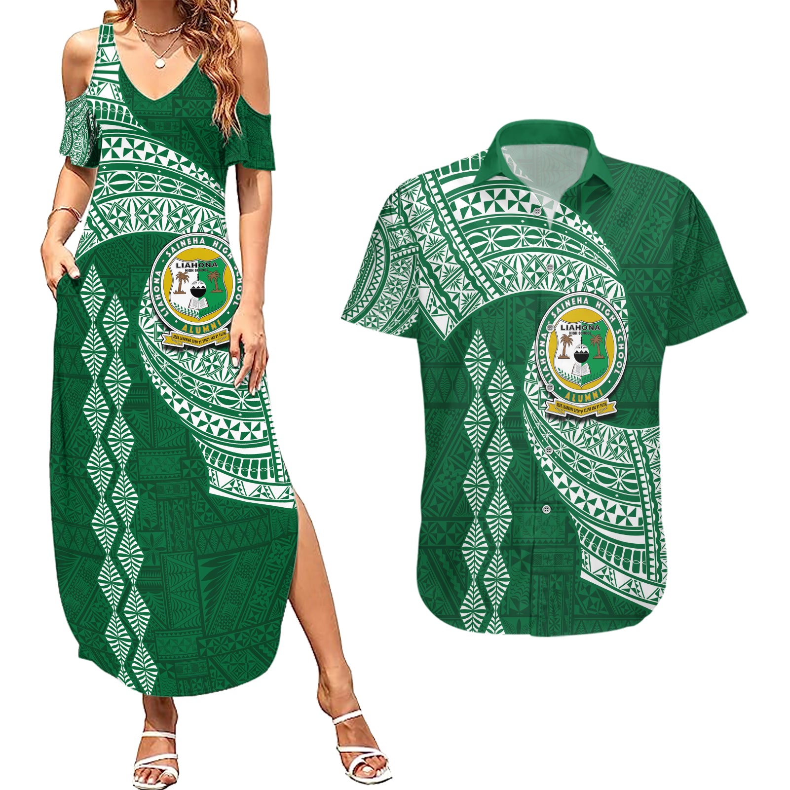 Tonga Lahaina High School Couples Matching Summer Maxi Dress and Hawaiian Shirt Traditional Ngatu and Polynesian Pattern LT03 Green - Polynesian Pride