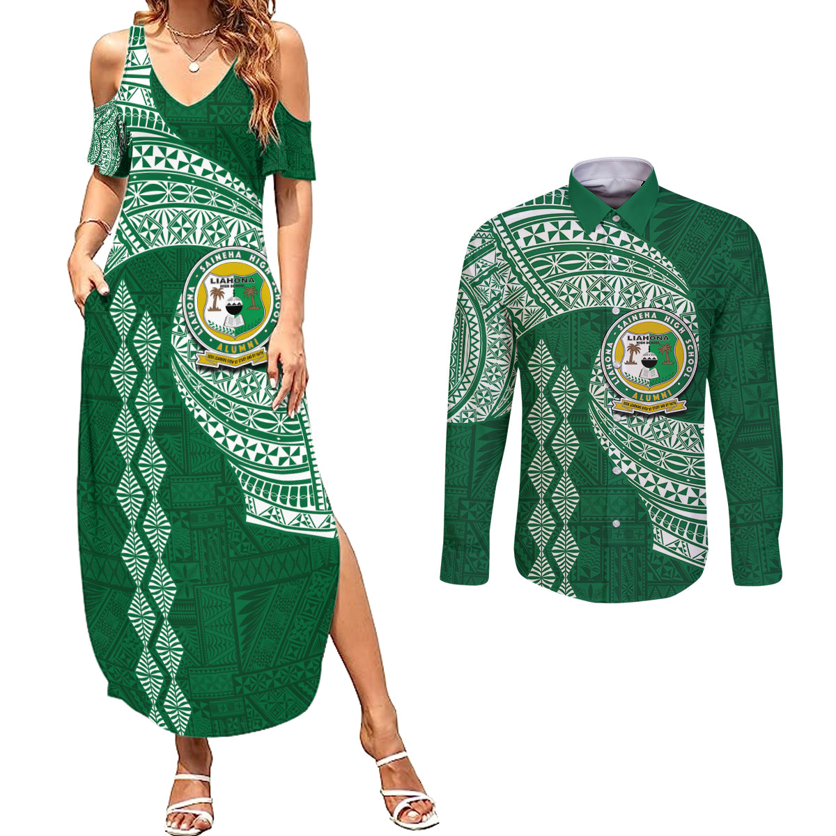 Tonga Lahaina High School Couples Matching Summer Maxi Dress and Long Sleeve Button Shirt Traditional Ngatu and Polynesian Pattern LT03 Green - Polynesian Pride