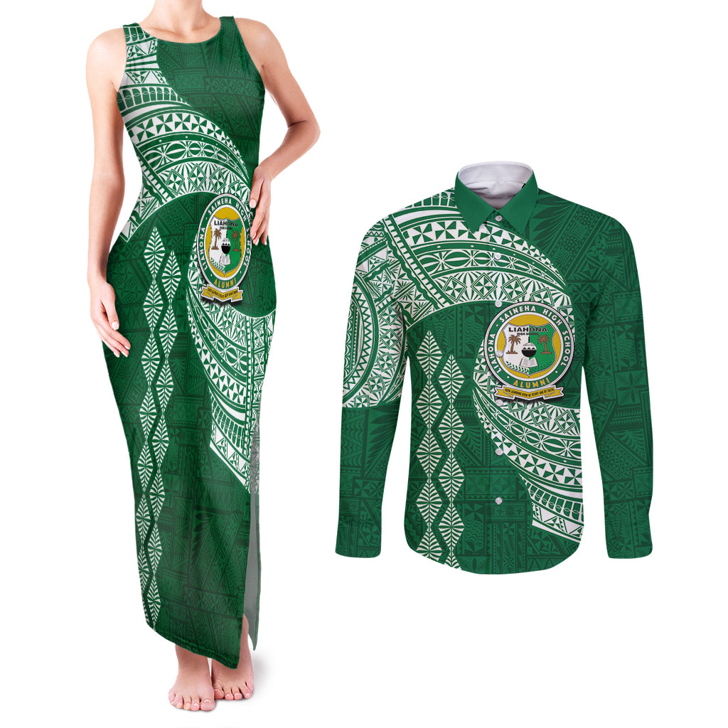 Tonga Lahaina High School Couples Matching Tank Maxi Dress and Long Sleeve Button Shirt Traditional Ngatu and Polynesian Pattern LT03 Green - Polynesian Pride