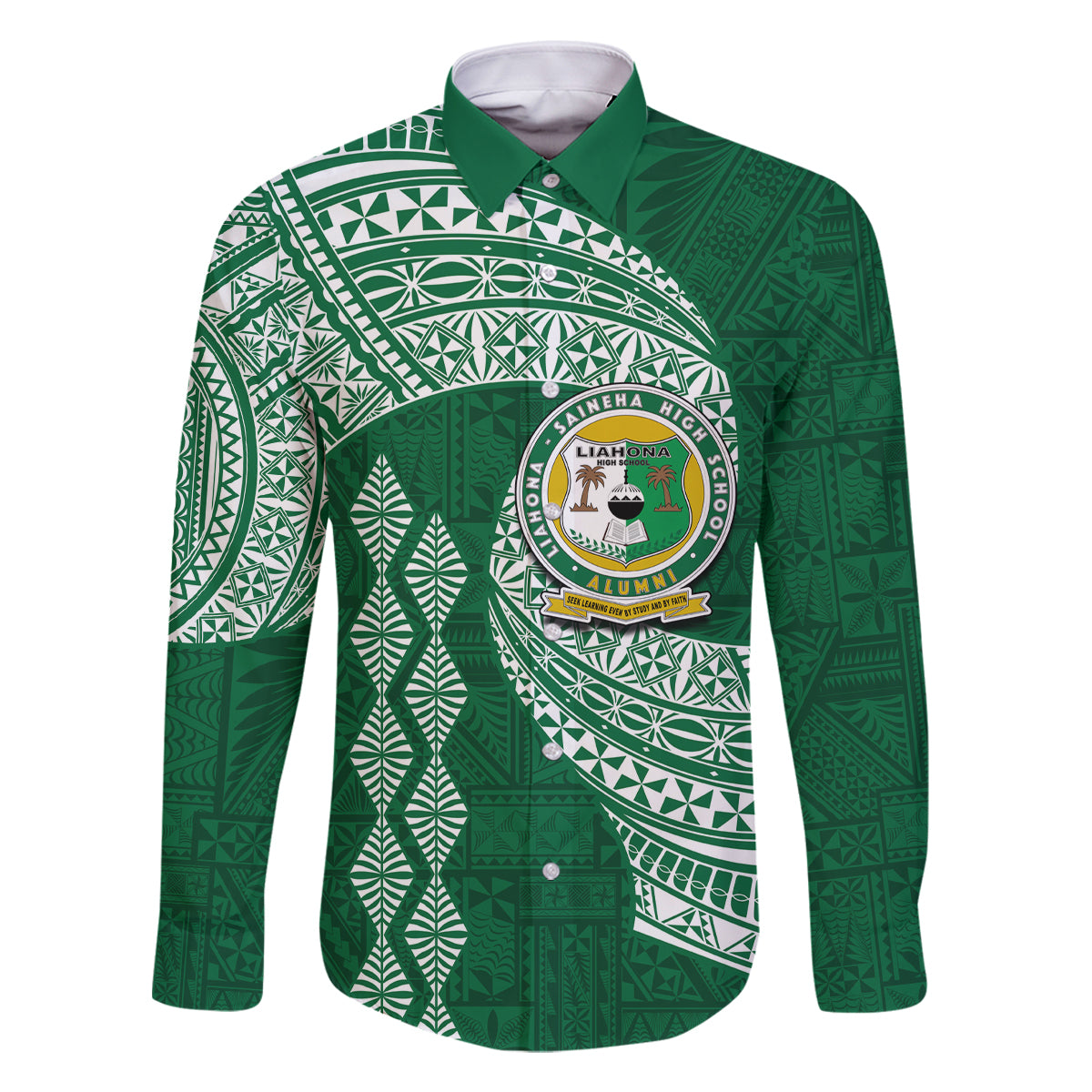 Tonga Lahaina High School Family Matching Long Sleeve Bodycon Dress and Hawaiian Shirt Traditional Ngatu and Polynesian Pattern LT03 Dad's Shirt - Long Sleeve Green - Polynesian Pride