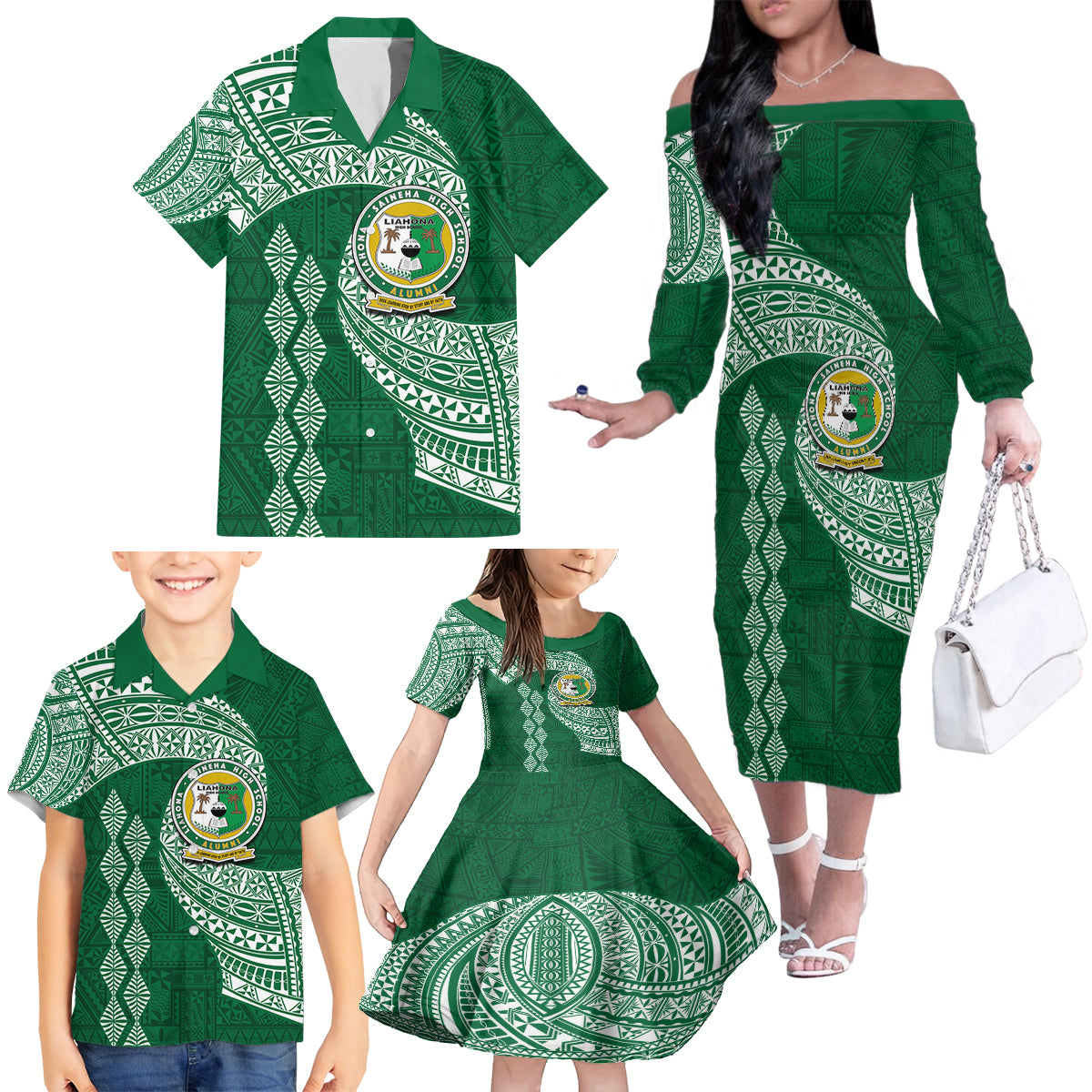 Tonga Lahaina High School Family Matching Off Shoulder Long Sleeve Dress and Hawaiian Shirt Traditional Ngatu and Polynesian Pattern LT03 - Polynesian Pride