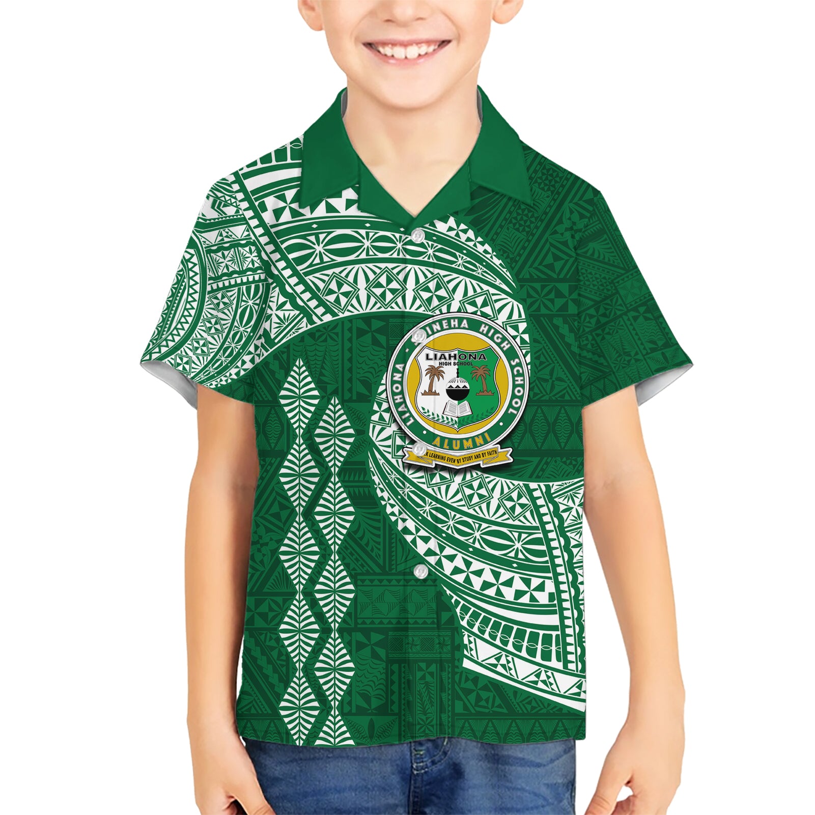 Tonga Lahaina High School Kid Hawaiian Shirt Traditional Ngatu and Polynesian Pattern LT03 Kid Green - Polynesian Pride