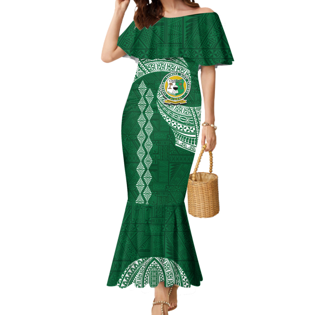 Tonga Lahaina High School Mermaid Dress Traditional Ngatu and Polynesian Pattern LT03 Women Green - Polynesian Pride