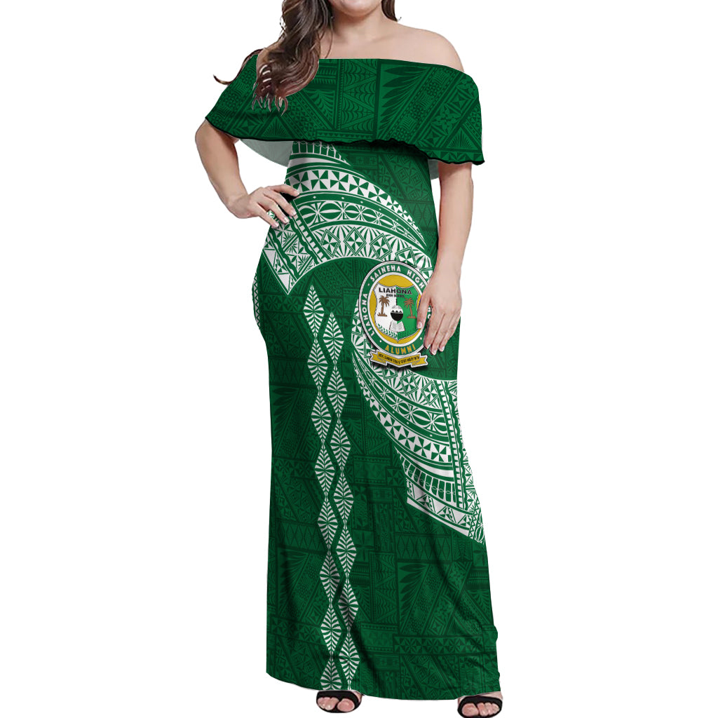 Tonga Lahaina High School Off Shoulder Maxi Dress Traditional Ngatu and Polynesian Pattern LT03 Women Green - Polynesian Pride