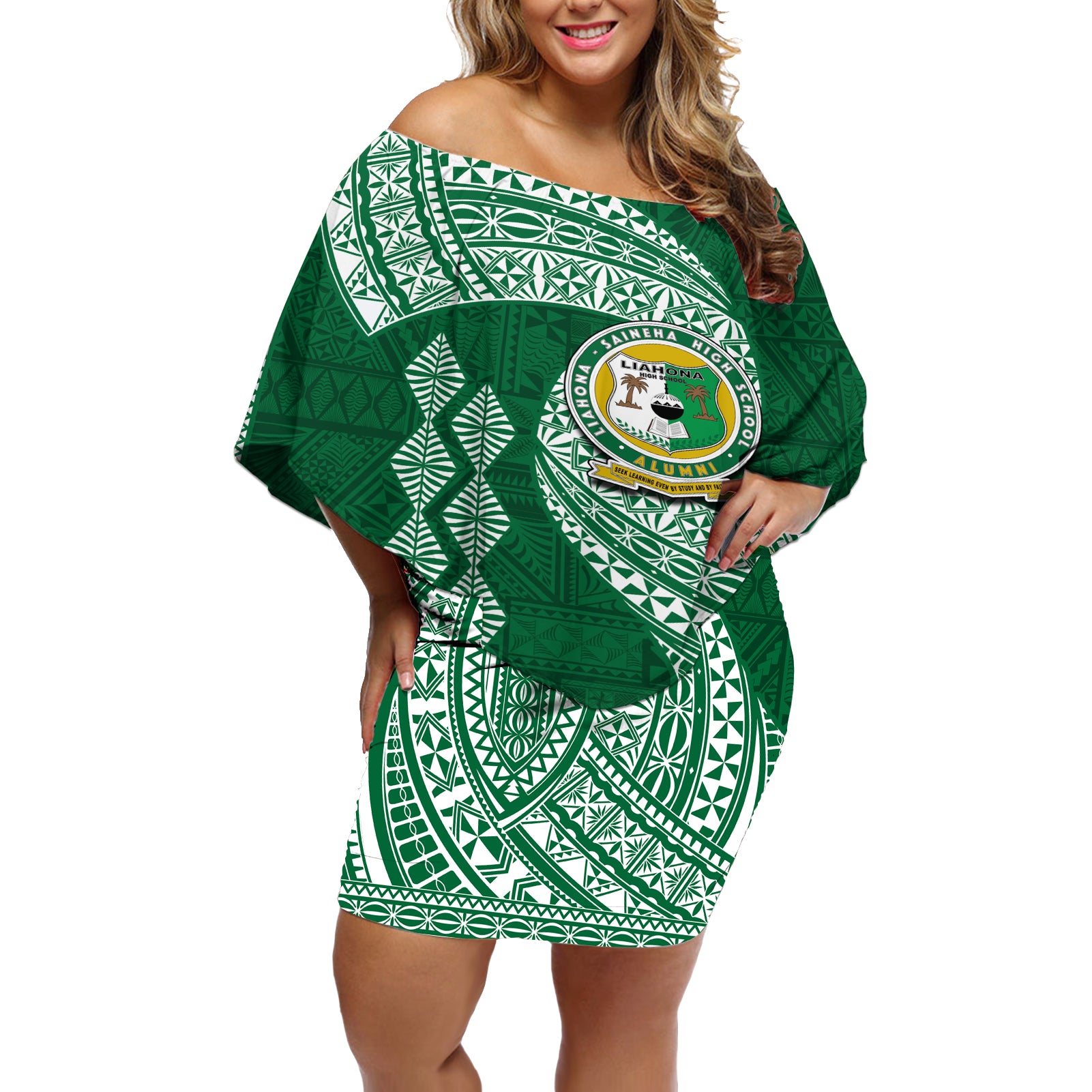 Tonga Lahaina High School Off Shoulder Short Dress Traditional Ngatu and Polynesian Pattern LT03 Women Green - Polynesian Pride