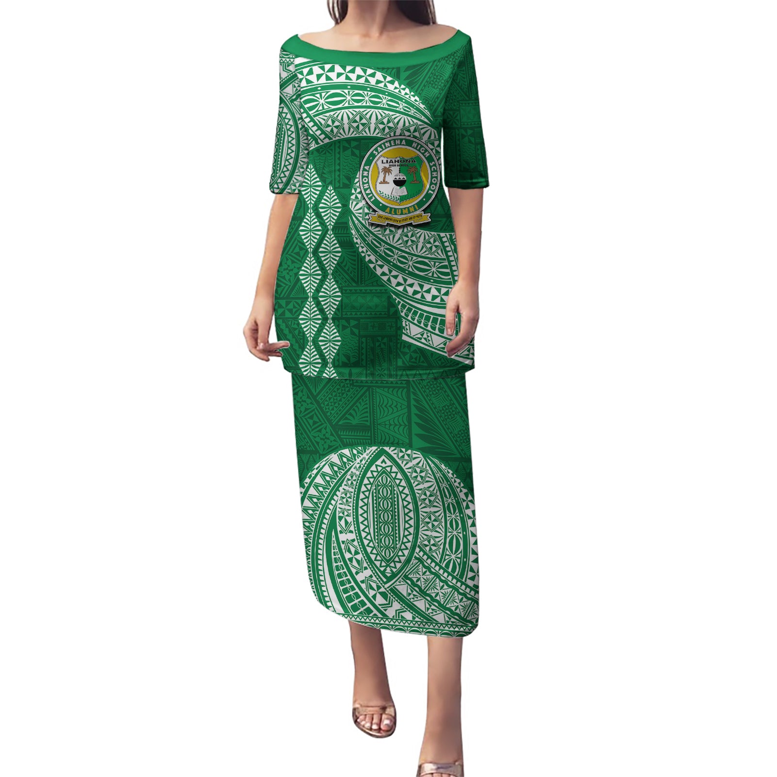 Tonga Lahaina High School Puletasi Traditional Ngatu and Polynesian Pattern LT03 Long Dress Green - Polynesian Pride