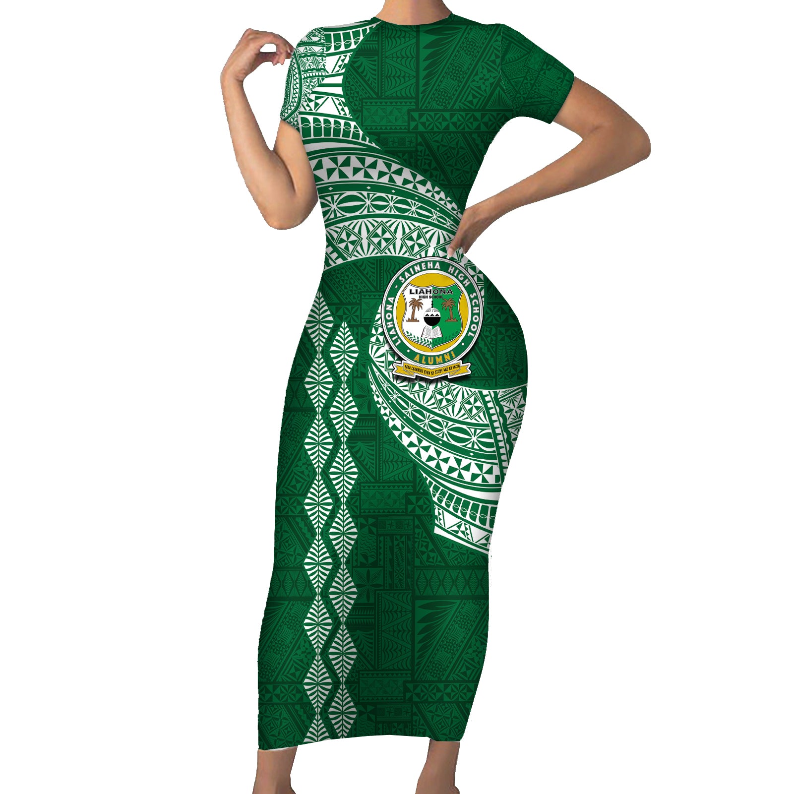 Tonga Lahaina High School Short Sleeve Bodycon Dress Traditional Ngatu and Polynesian Pattern LT03 Long Dress Green - Polynesian Pride