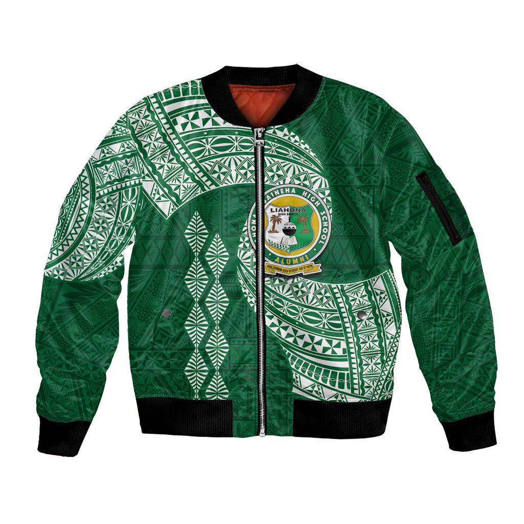 Tonga Lahaina High School Sleeve Zip Bomber Jacket Traditional Ngatu and Polynesian Pattern LT03 Unisex Green - Polynesian Pride