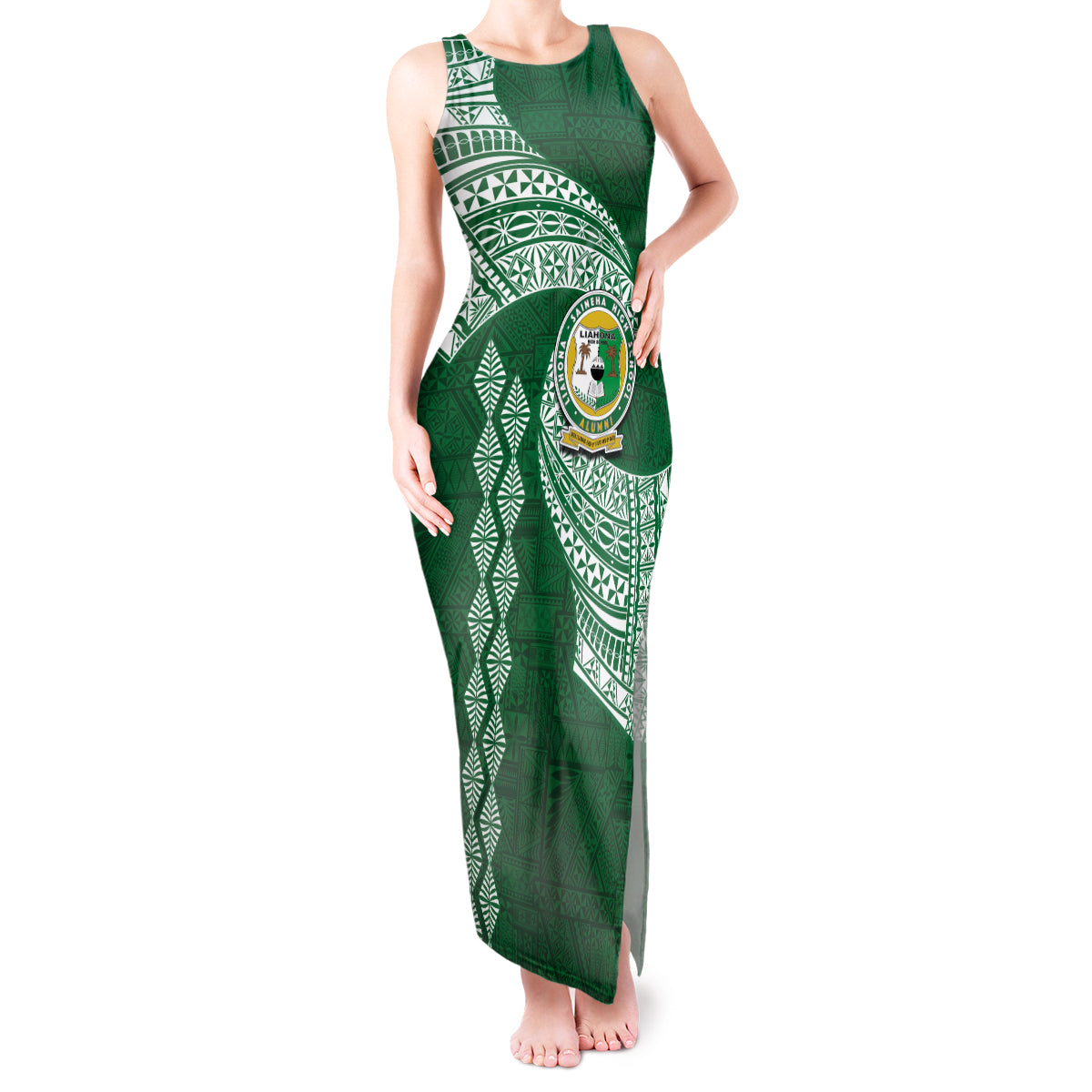 Tonga Lahaina High School Tank Maxi Dress Traditional Ngatu and Polynesian Pattern LT03 Women Green - Polynesian Pride