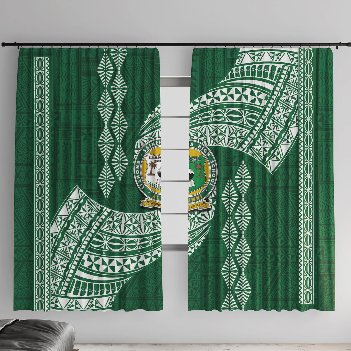 Tonga Lahaina High School Window Curtain Traditional Ngatu and Polynesian Pattern LT03 With Hooks Green - Polynesian Pride