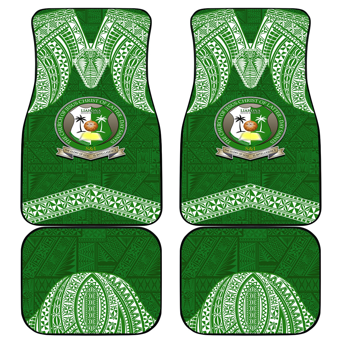 Tonga Liahona High School Car Mats Traditional Ngatu and Polynesian Pattern LT03 Green - Polynesian Pride