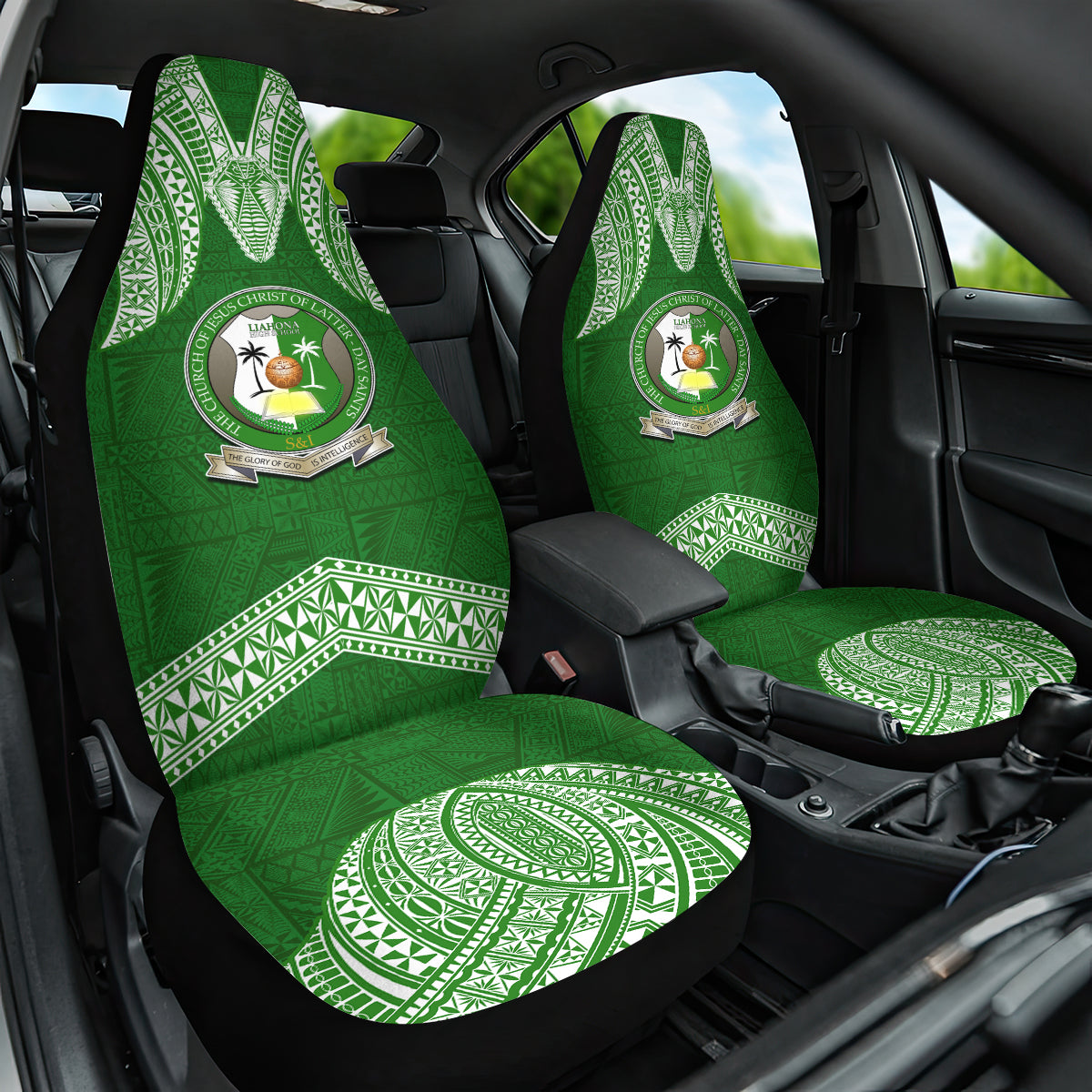 Tonga Liahona High School Car Seat Cover Traditional Ngatu and Polynesian Pattern LT03 One Size Green - Polynesian Pride