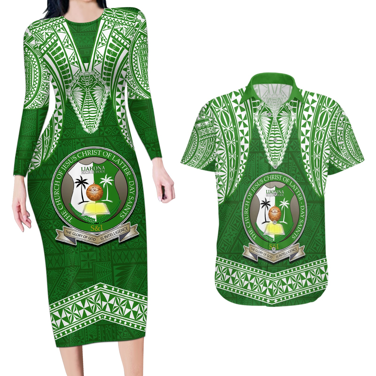 Tonga Liahona High School Couples Matching Long Sleeve Bodycon Dress and Hawaiian Shirt Traditional Ngatu and Polynesian Pattern LT03 Green - Polynesian Pride