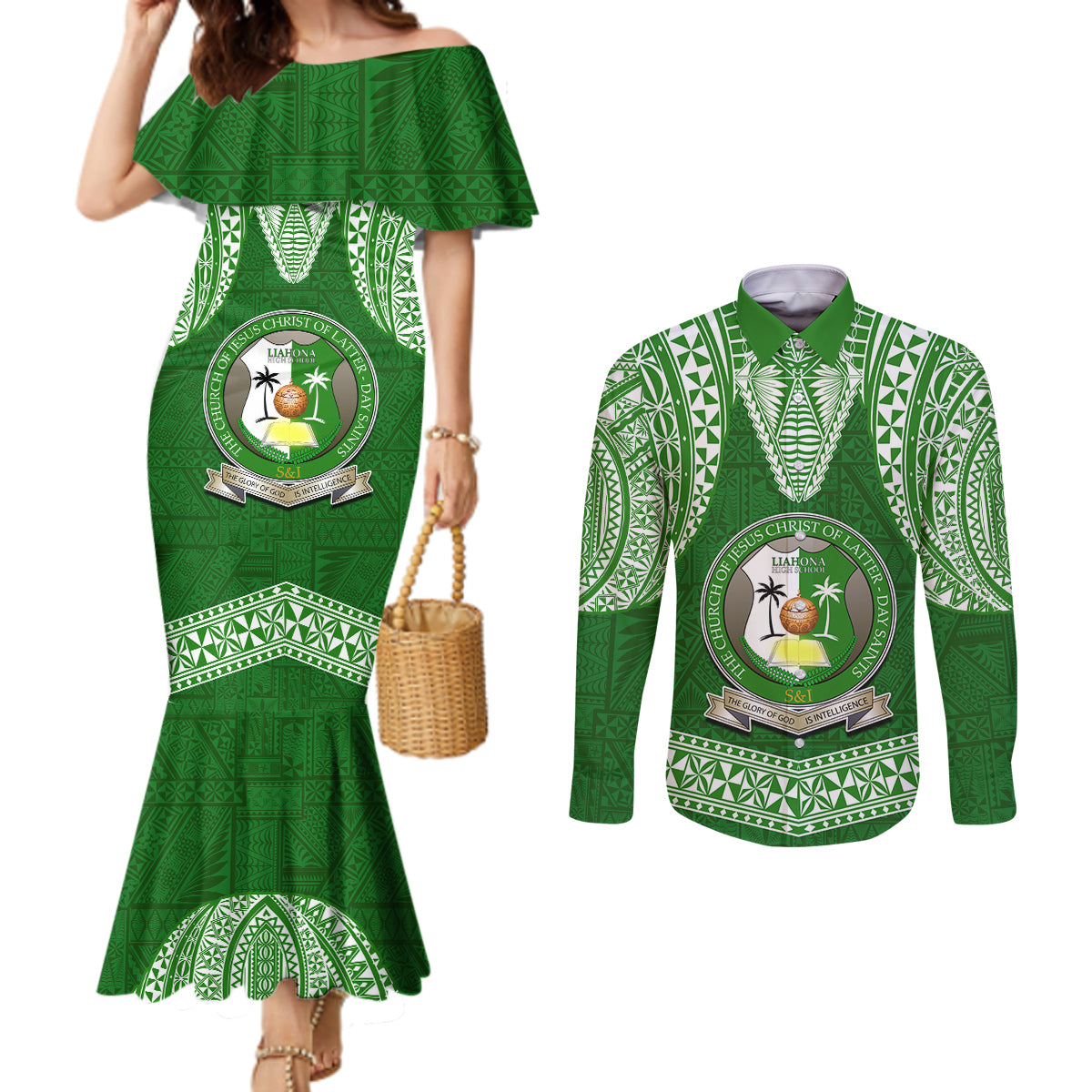 Tonga Liahona High School Couples Matching Mermaid Dress and Long Sleeve Button Shirt Traditional Ngatu and Polynesian Pattern LT03 Green - Polynesian Pride