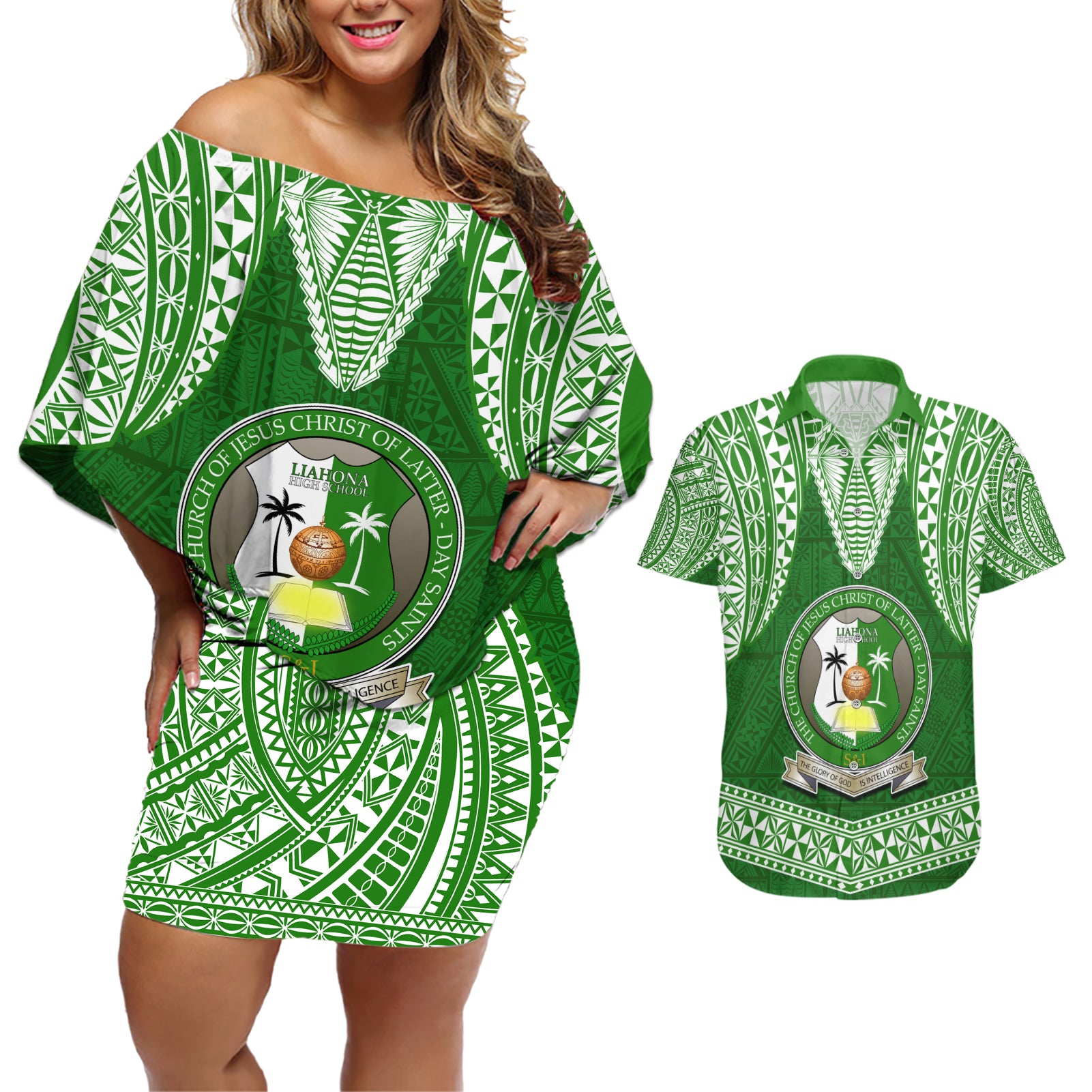 Tonga Liahona High School Couples Matching Off Shoulder Short Dress and Hawaiian Shirt Traditional Ngatu and Polynesian Pattern LT03 Green - Polynesian Pride