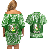 Tonga Liahona High School Couples Matching Off Shoulder Short Dress and Hawaiian Shirt Traditional Ngatu and Polynesian Pattern LT03 - Polynesian Pride