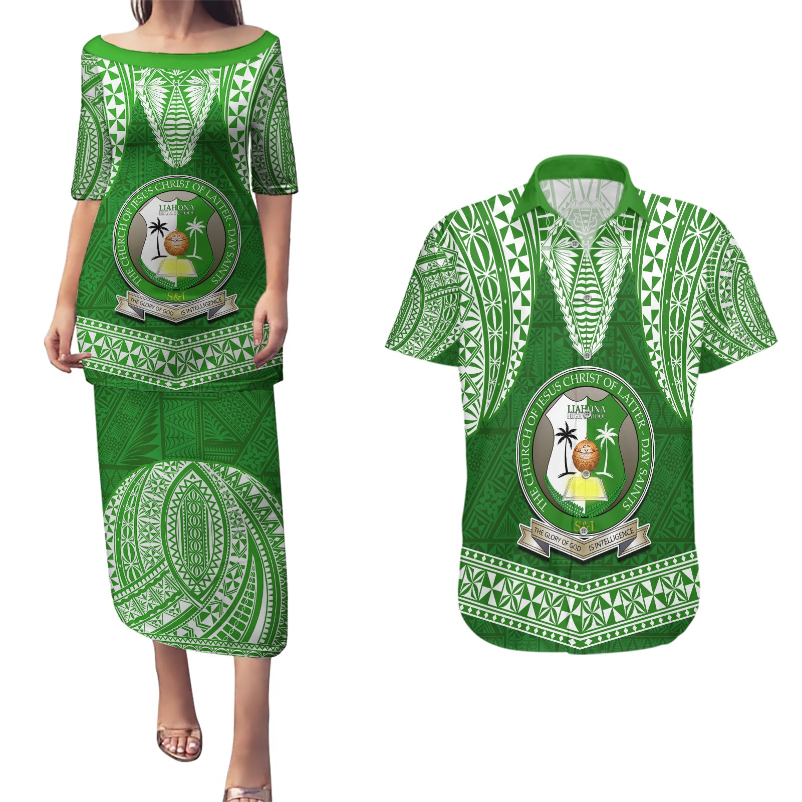 Tonga Liahona High School Couples Matching Puletasi Dress and Hawaiian Shirt Traditional Ngatu and Polynesian Pattern LT03 Green - Polynesian Pride