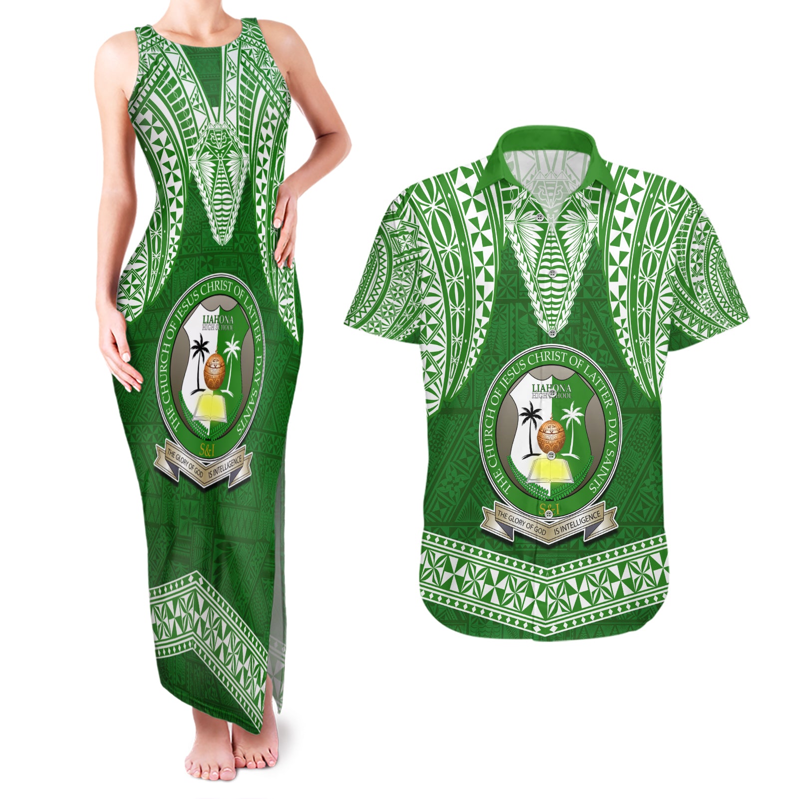 Tonga Liahona High School Couples Matching Tank Maxi Dress and Hawaiian Shirt Traditional Ngatu and Polynesian Pattern LT03 Green - Polynesian Pride