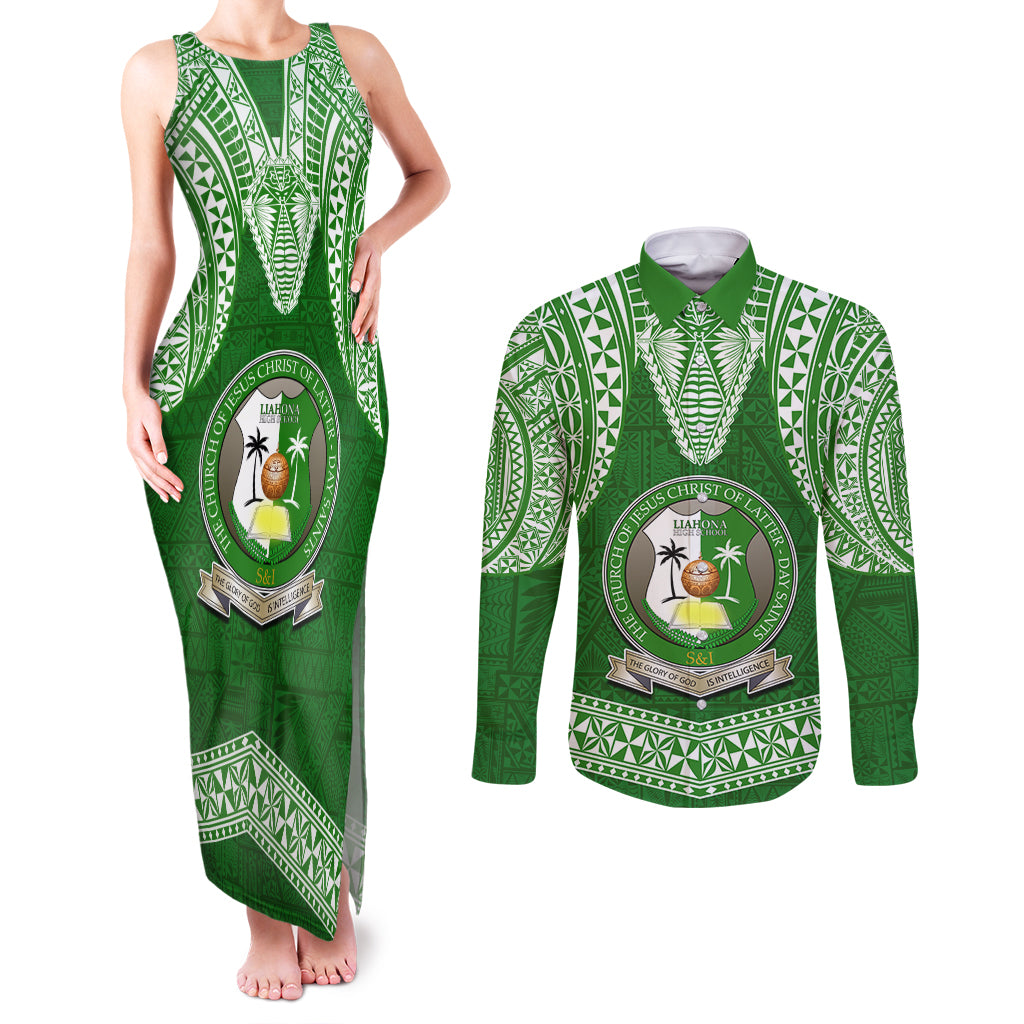 Tonga Liahona High School Couples Matching Tank Maxi Dress and Long Sleeve Button Shirt Traditional Ngatu and Polynesian Pattern LT03 Green - Polynesian Pride