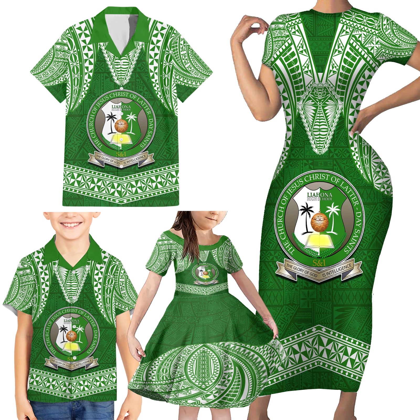 Tonga Liahona High School Family Matching Short Sleeve Bodycon Dress and Hawaiian Shirt Traditional Ngatu and Polynesian Pattern LT03 - Polynesian Pride