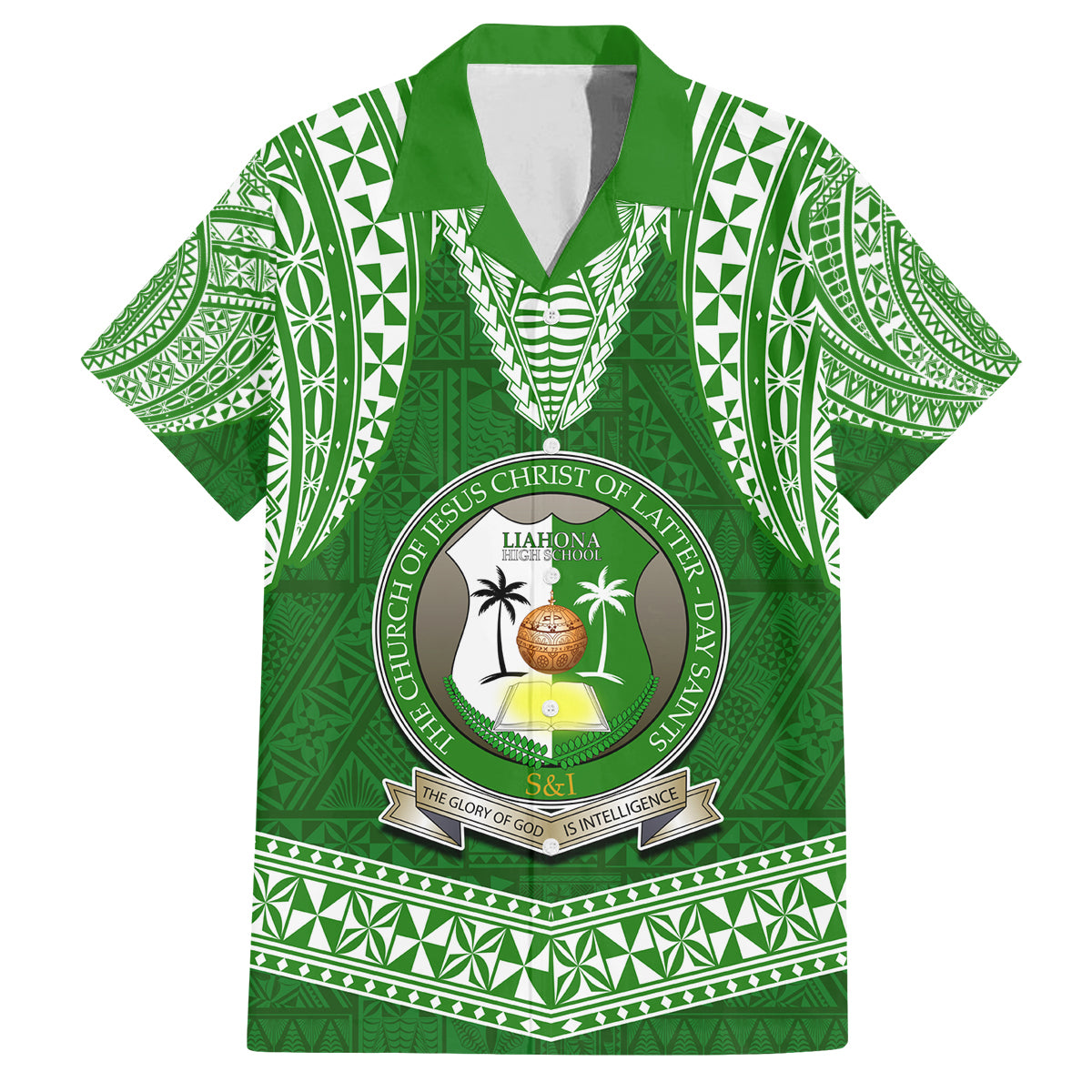 Tonga Liahona High School Family Matching Tank Maxi Dress and Hawaiian Shirt Traditional Ngatu and Polynesian Pattern LT03 Dad's Shirt - Short Sleeve Green - Polynesian Pride