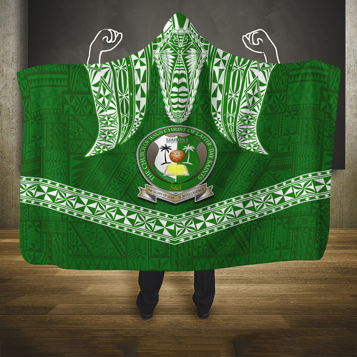 Tonga Liahona High School Hooded Blanket Traditional Ngatu and Polynesian Pattern LT03 One Size Green - Polynesian Pride