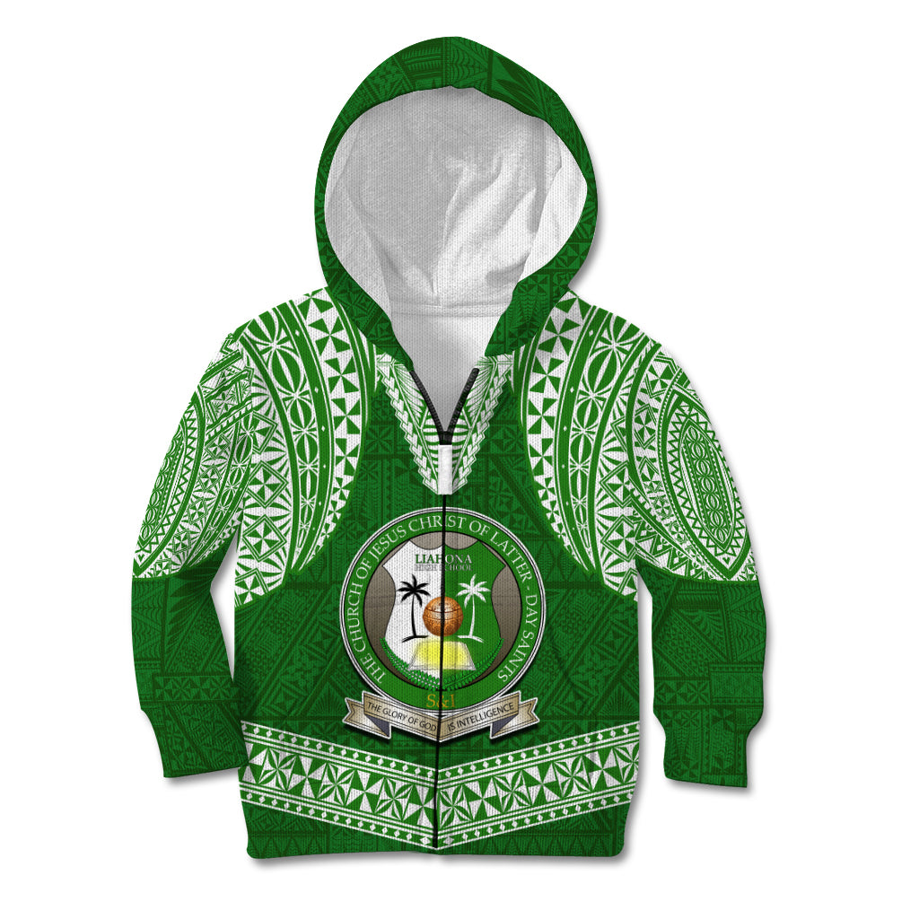 Tonga Liahona High School Kid Hoodie Traditional Ngatu and Polynesian Pattern LT03 Zip Hoodie Green - Polynesian Pride